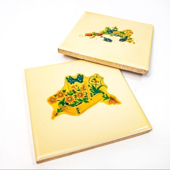 Two Butter Yellow Romany Ceramic Tiles w/ Vintage Image Transfers - Picture 4 of 9